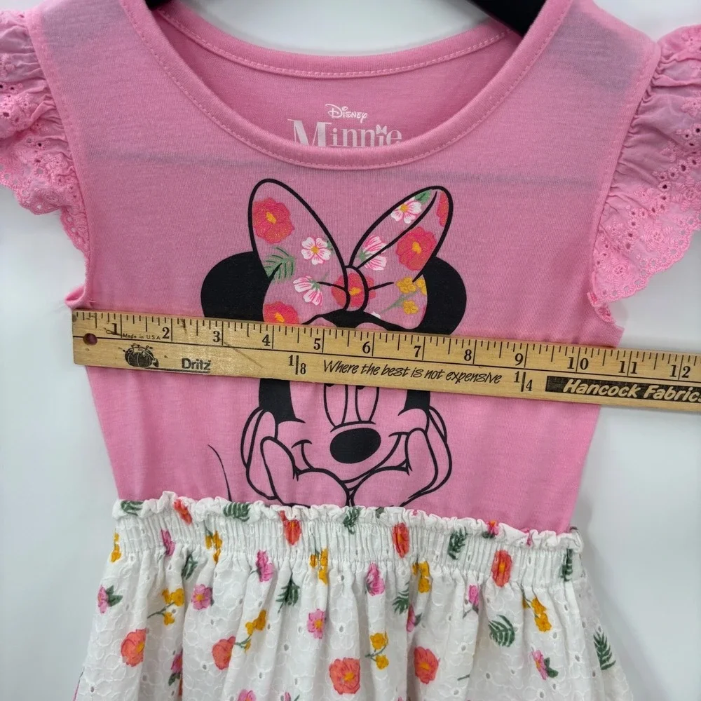 Disney Minnie Mouse Dress Size 4/5 Girls Pink Flutter Sleeve Floral Eyelet Boho
